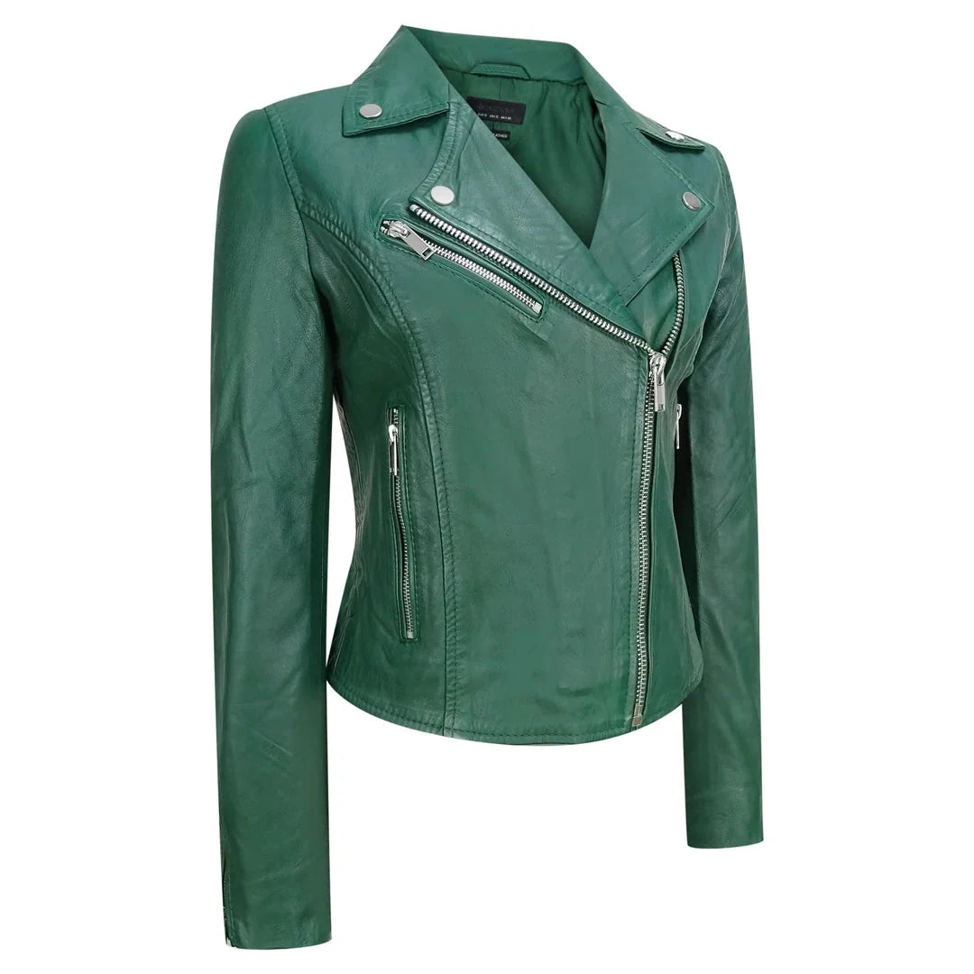 Women's Real Leather Biker Jacket Cross Zip Slim Fit Brando Style — 8 Colours