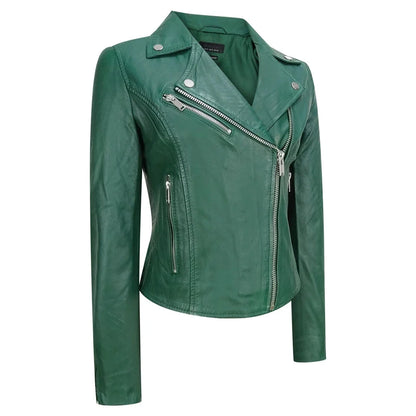 Women's Real Leather Biker Jacket Cross Zip Slim Fit Brando Style — 8 Colours