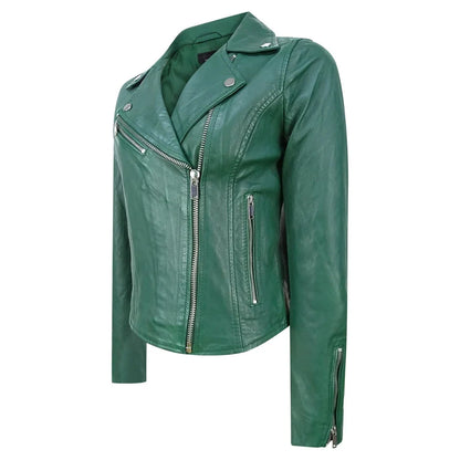 Women's Real Leather Biker Jacket Cross Zip Slim Fit Brando Style — 8 Colours