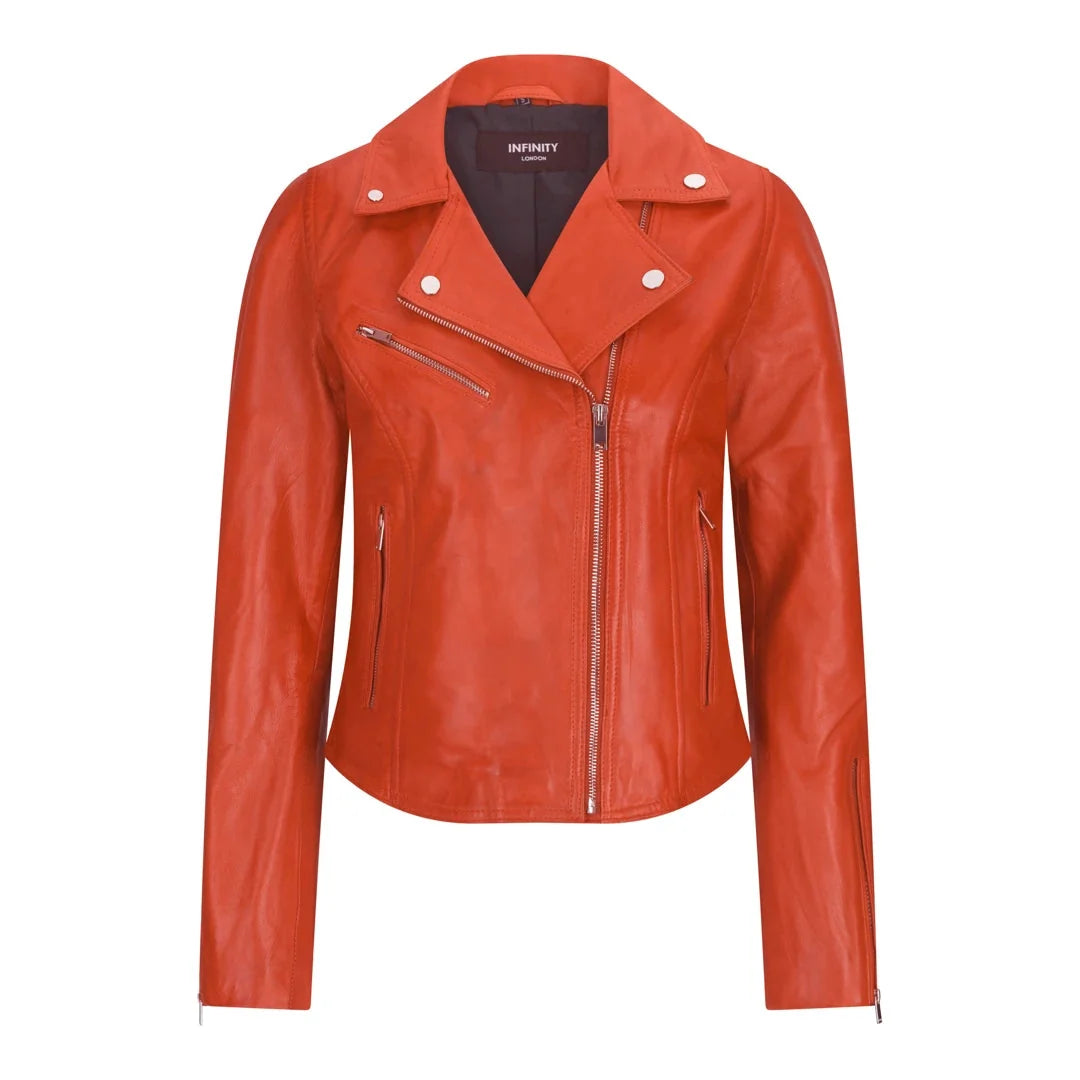 Women's Real Leather Biker Jacket Cross Zip Slim Fit Brando Style — 8 Colours