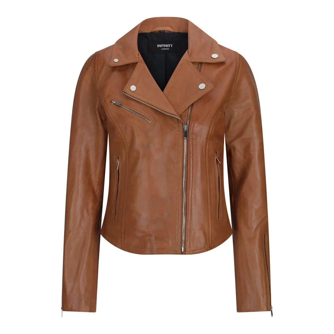 Women's Real Leather Biker Jacket Cross Zip Slim Fit Brando Style — 8 Colours