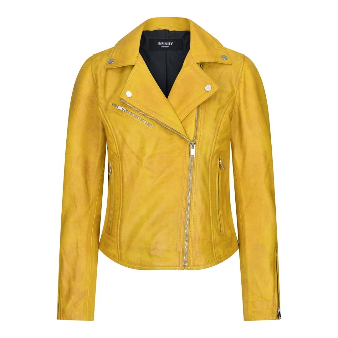 Women's Real Leather Biker Jacket Cross Zip Slim Fit Brando Style — 8 Colours