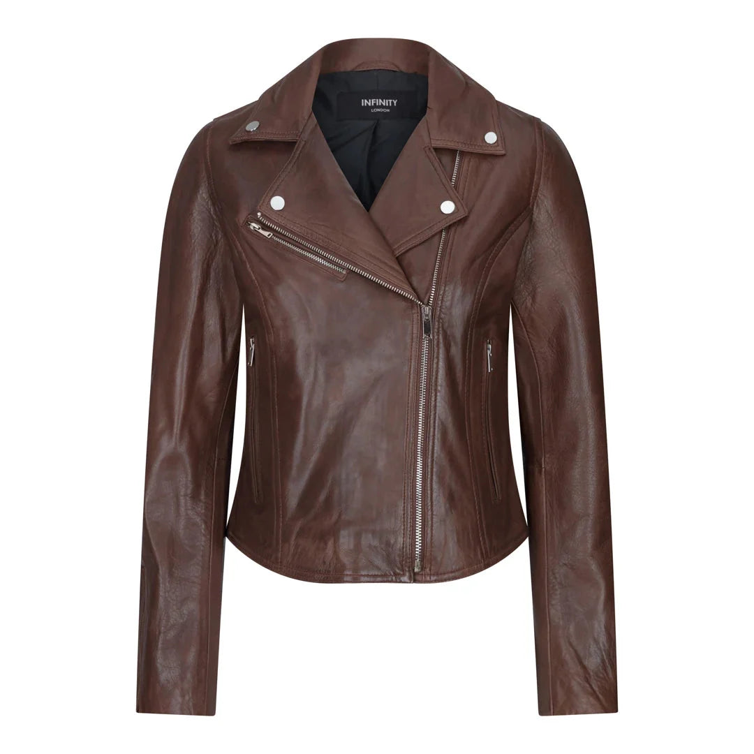 Women's Real Leather Biker Jacket Cross Zip Slim Fit Brando Style — 8 Colours