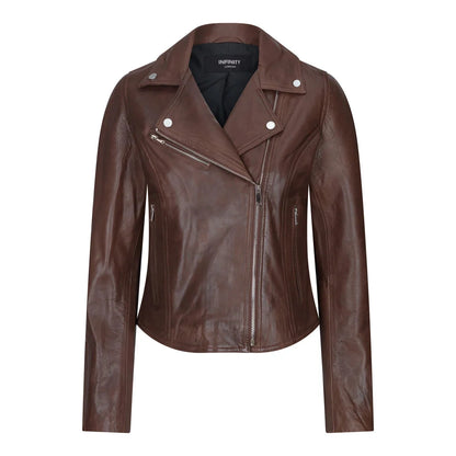 Women's Real Leather Biker Jacket Cross Zip Slim Fit Brando Style — 8 Colours