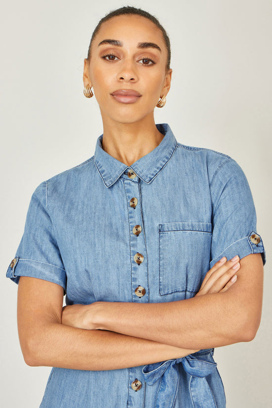 Yumi Blue Chambray Light Denim Button Jumpsuit - QHA UK