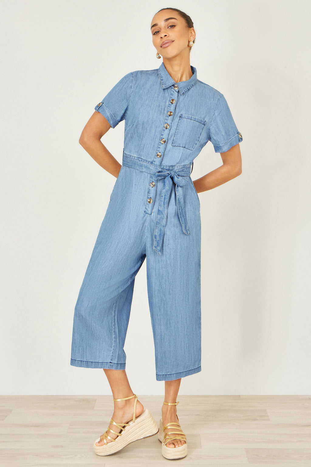 Yumi Blue Chambray Light Denim Button Jumpsuit