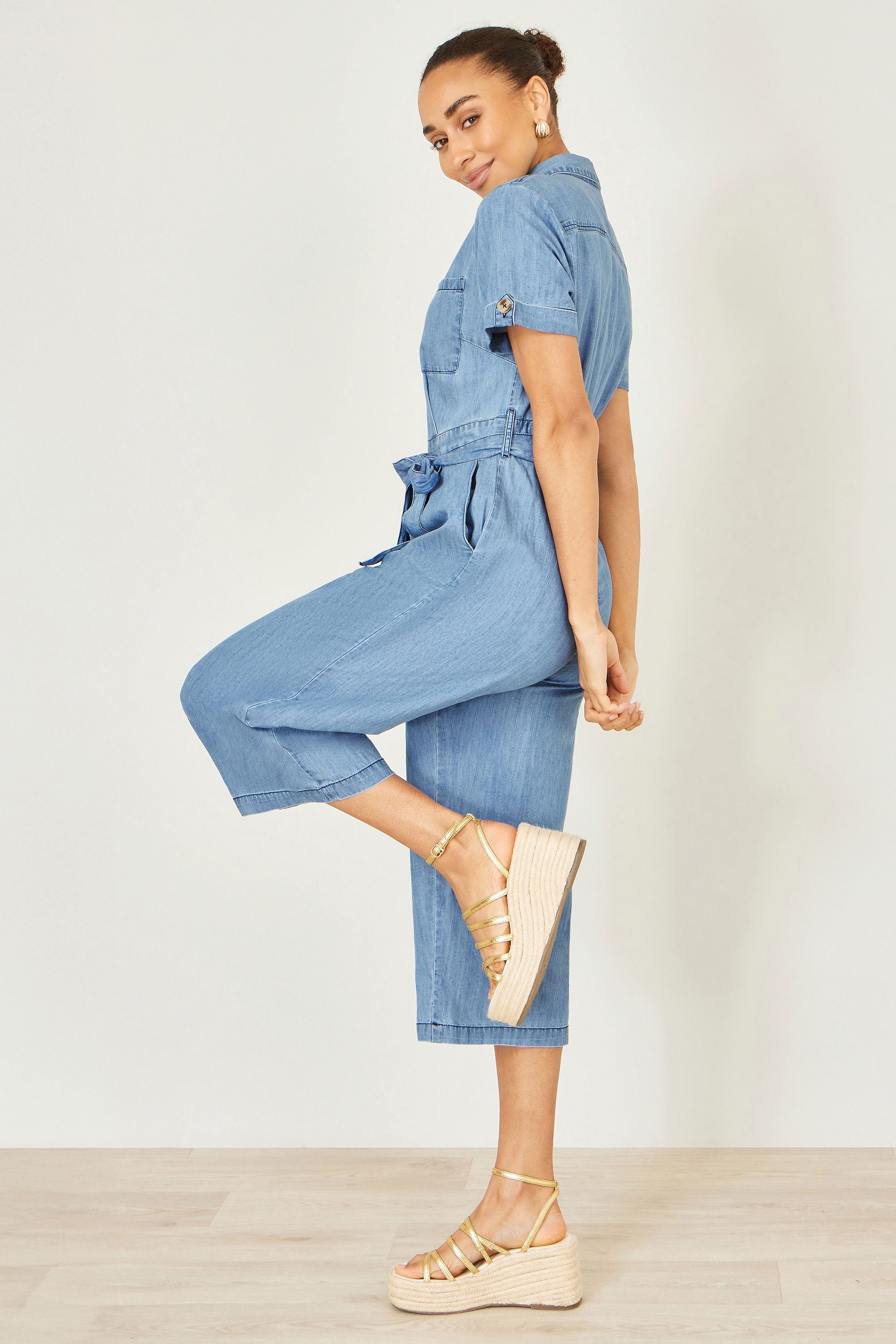 Yumi Blue Chambray Light Denim Button Jumpsuit