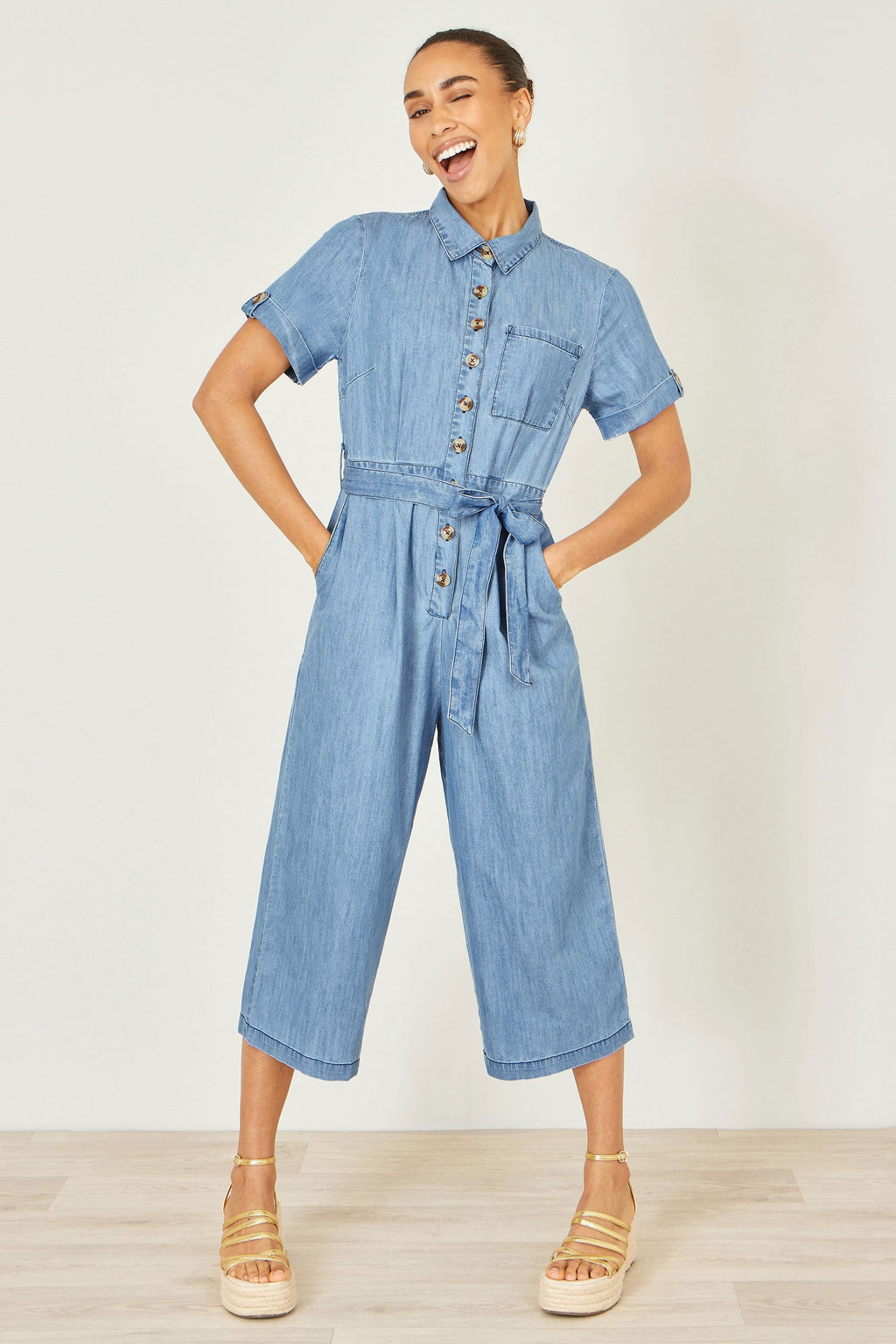 Yumi Blue Chambray Light Denim Button Jumpsuit