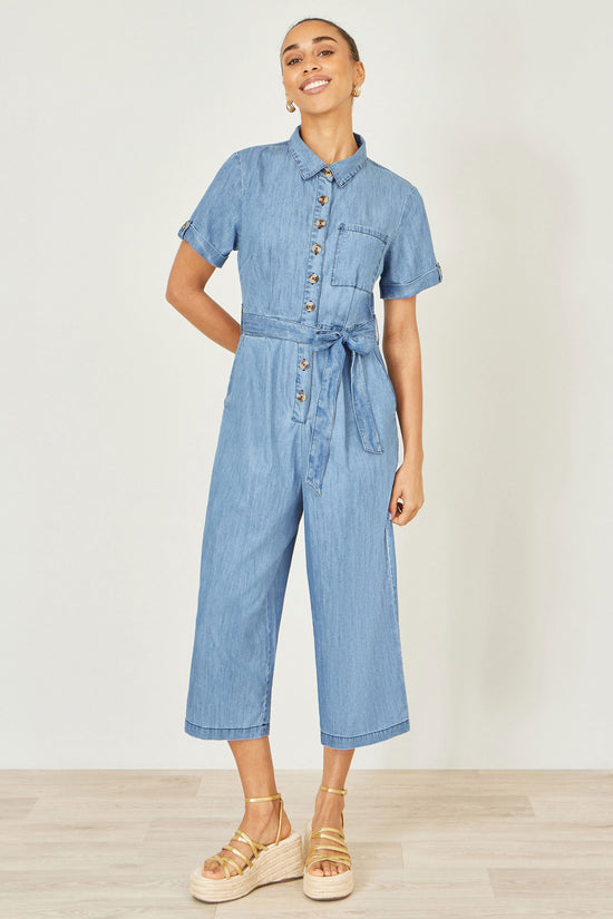 Yumi Blue Chambray Light Denim Button Jumpsuit - QHA UK