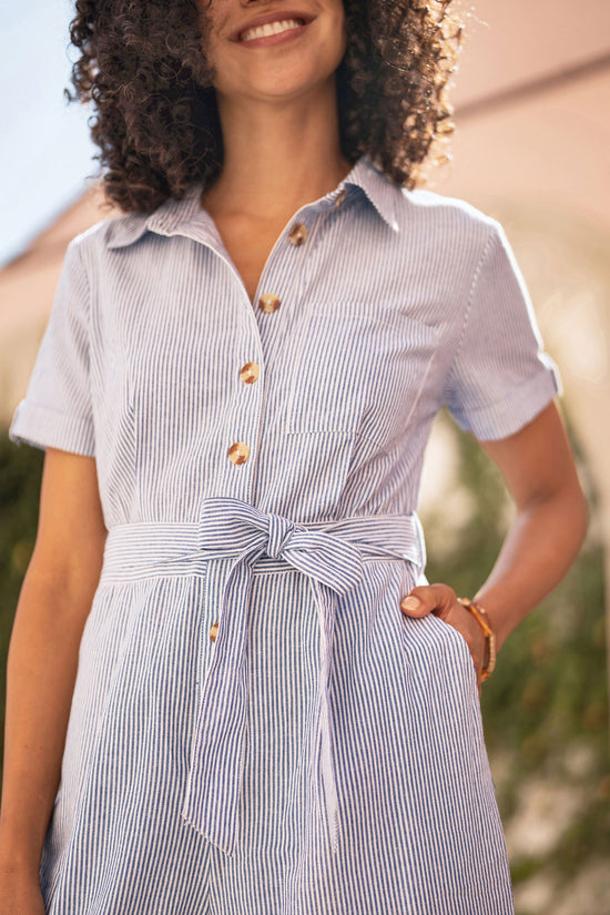 Yumi Blue Pinstripe Cotton Jumpsuit - QHA UK