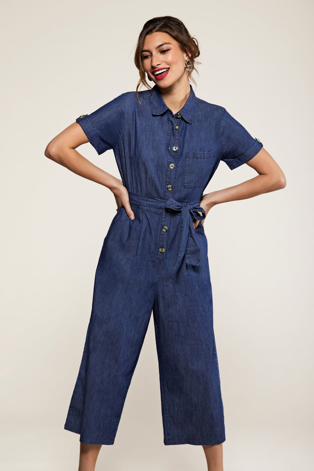 Yumi Blue Denim Button Jumpsuit, Lightweight Cotton Culotte Style with Waist Tie - QHA UK