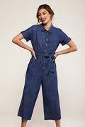 Yumi Blue Denim Button Jumpsuit, Lightweight Cotton Culotte Style with Waist Tie - QHA UK