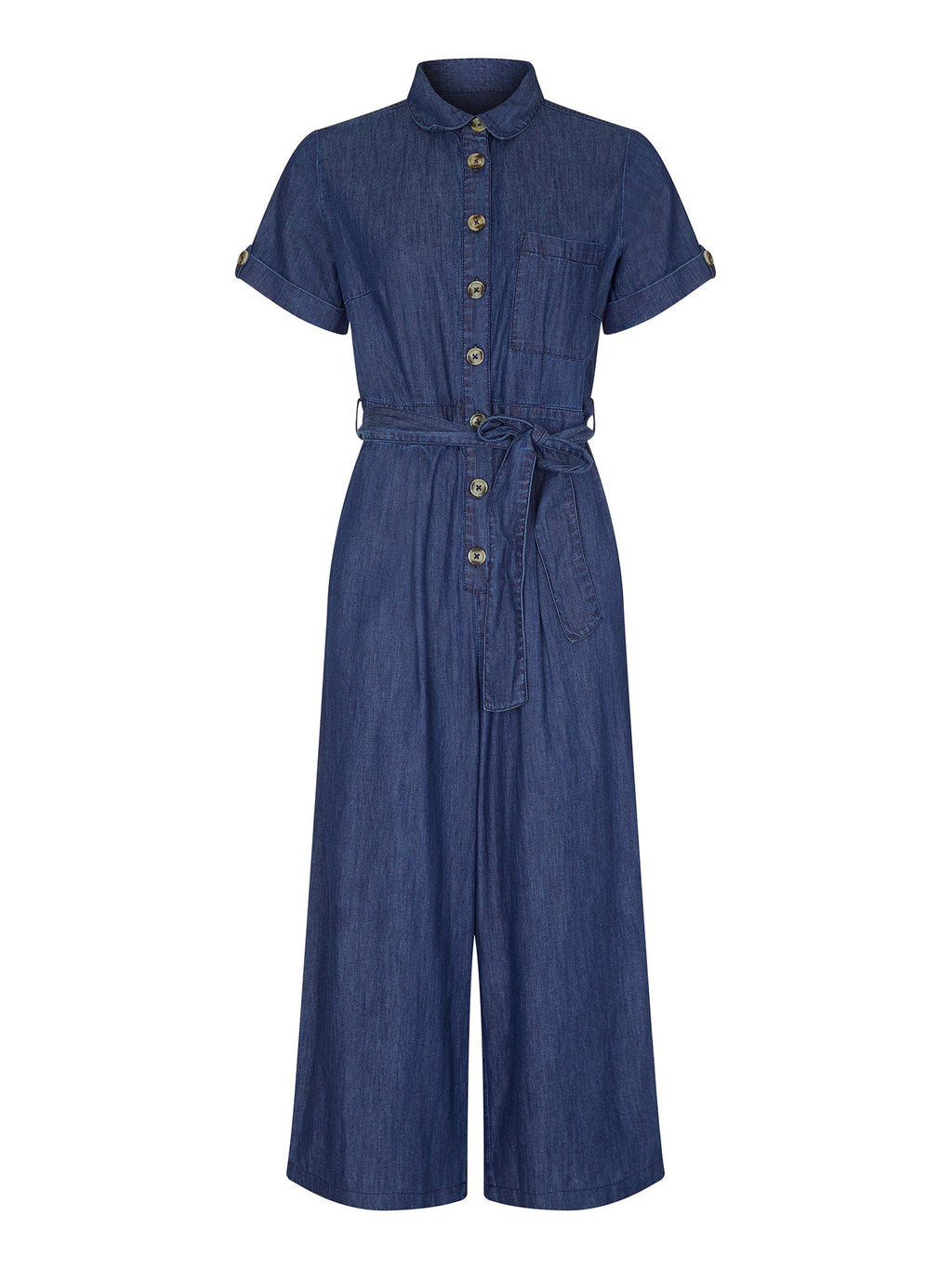 Yumi Blue Denim Button Jumpsuit, Lightweight Cotton Culotte Style with Waist Tie - QHA UK