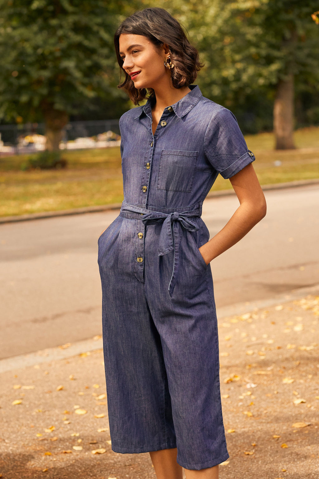 Yumi Blue Denim Button Jumpsuit, Lightweight Cotton Culotte Style with Waist Tie - QHA UK