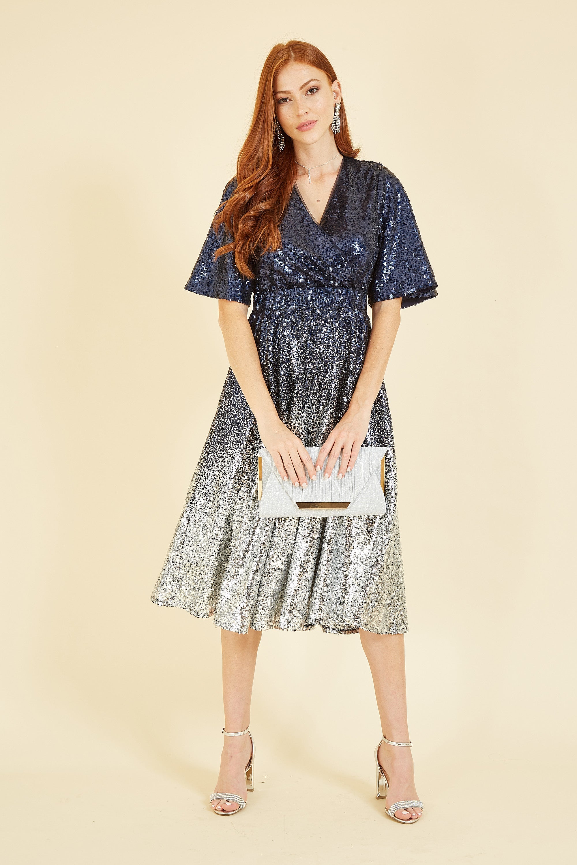 Yumi Navy and Silver Ombre Sequin Midi Wrap Dress - QHA UK