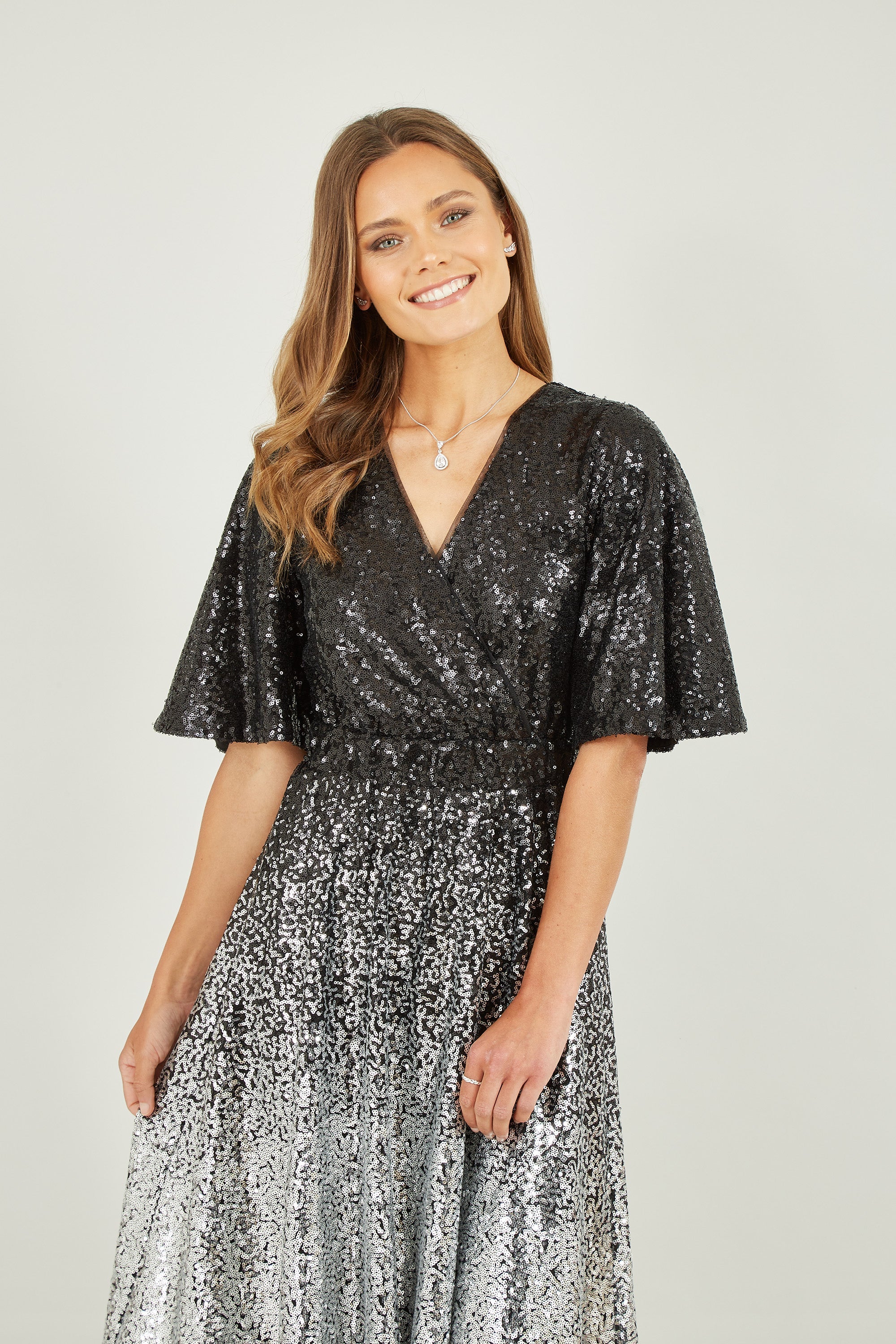 Yumi Black And Silver Ombre Sequin Midi Wrap Dress