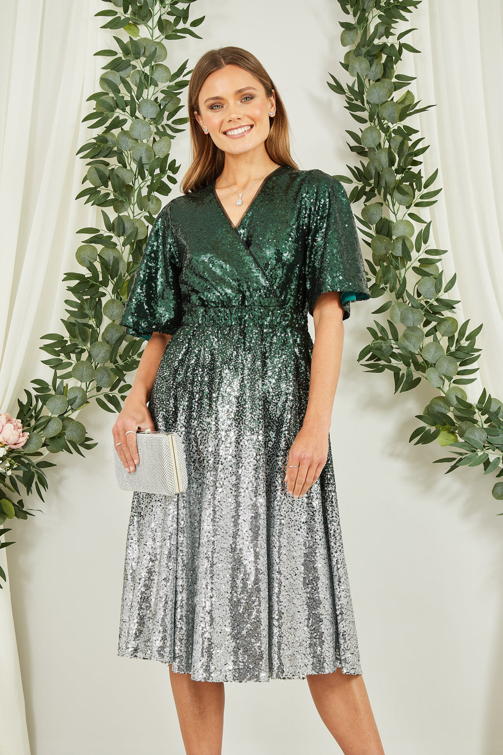 Yumi Green and Silver Ombre Sequin Midi Wrap Dress - QHA UK