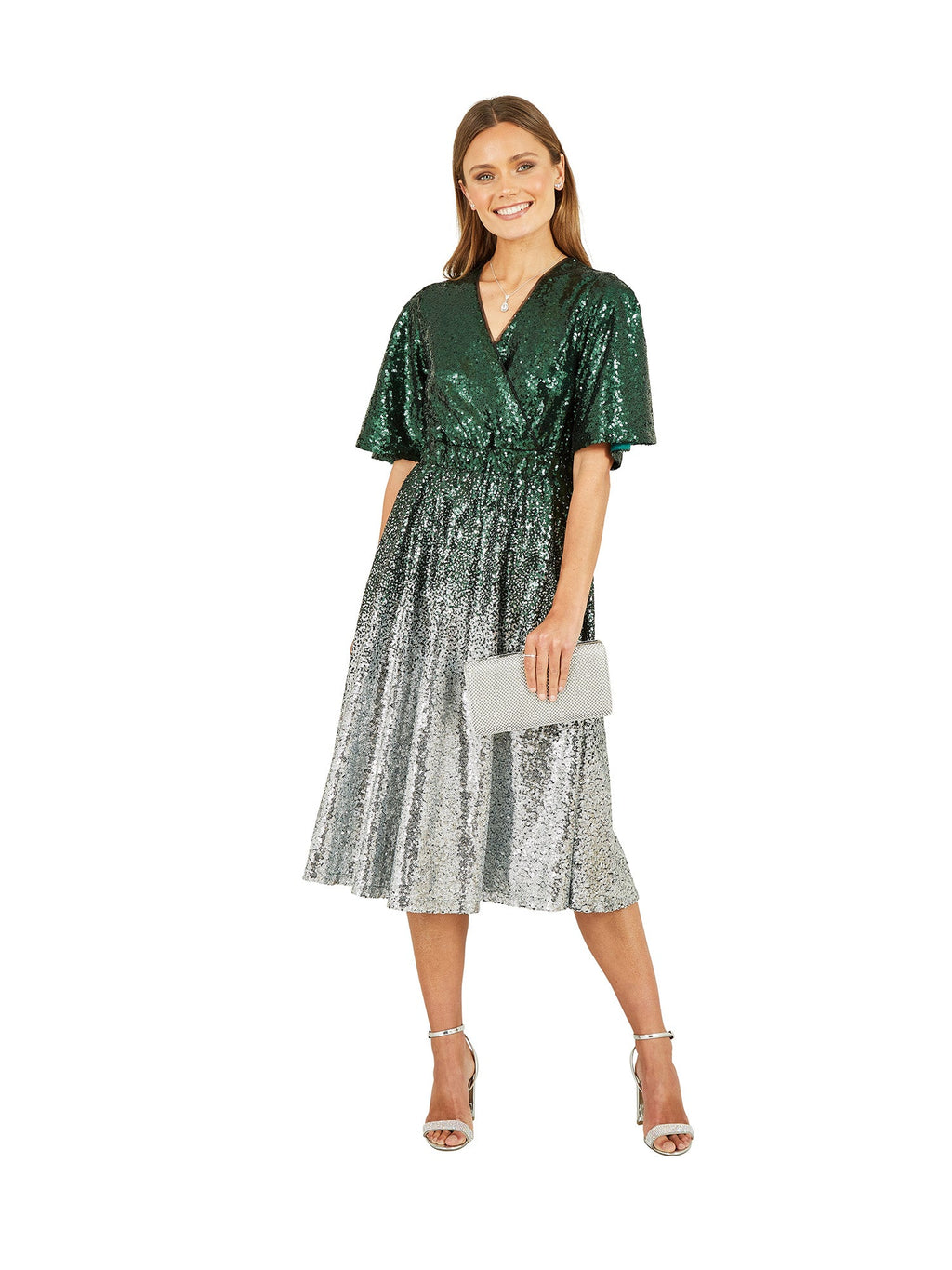 Yumi Green and Silver Ombre Sequin Midi Wrap Dress - QHA UK