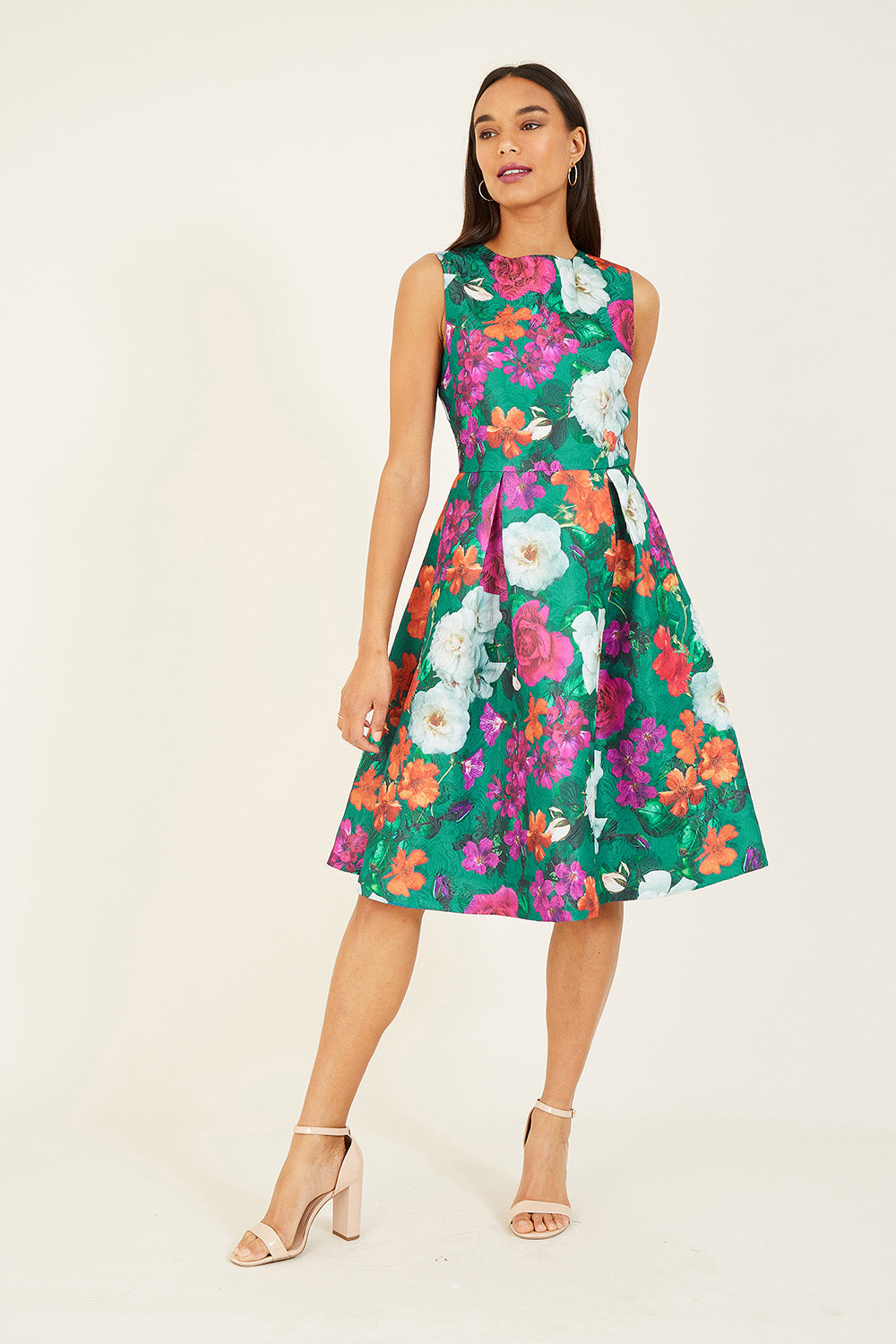 Yumi Green Floral Jacquard Skater Dress - QHA UK