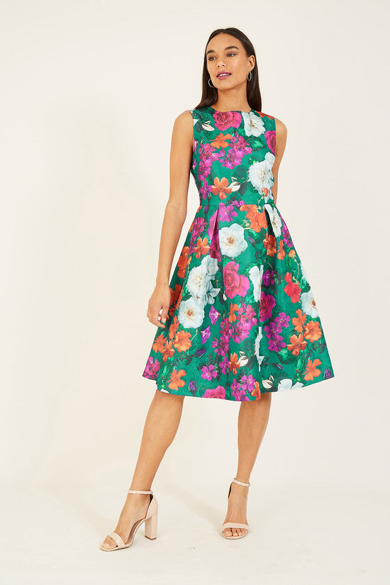 Yumi Green Floral Jacquard Skater Dress - QHA UK