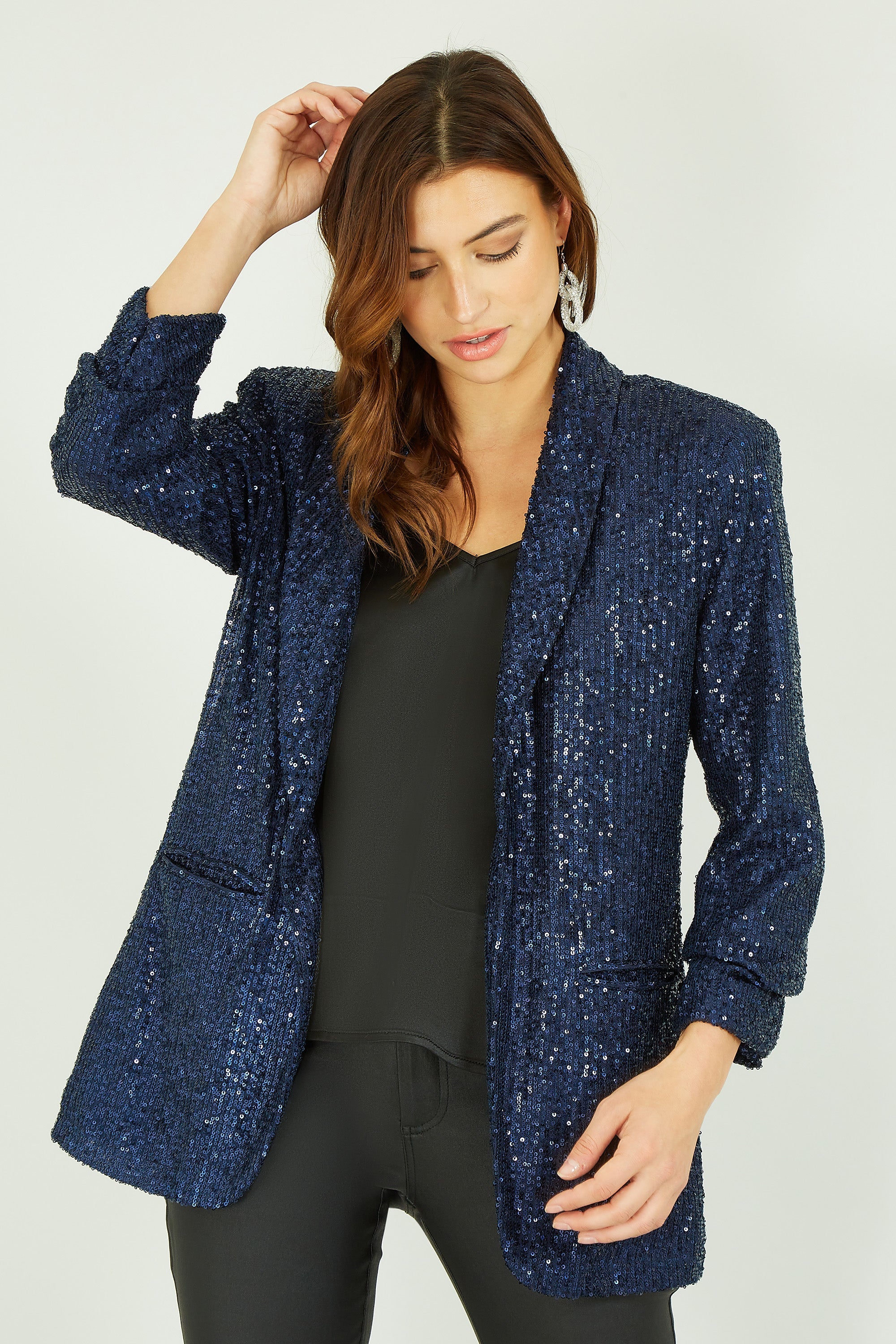 Yumi Navy Sequin Blazer With Pockets