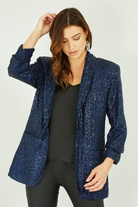Yumi Navy Sequin Blazer With Pockets - QHA UK