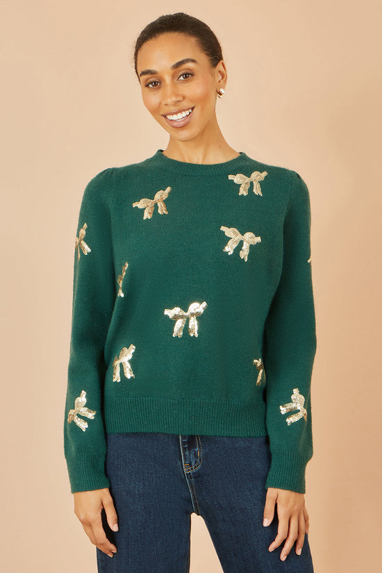 Yumi Green Sequin All Over Applique Bow Knitted Jumper - QHA UK