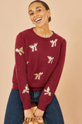Yumi Burgundy Sequin All Over Applique Bow Knitted Jumper - QHA UK