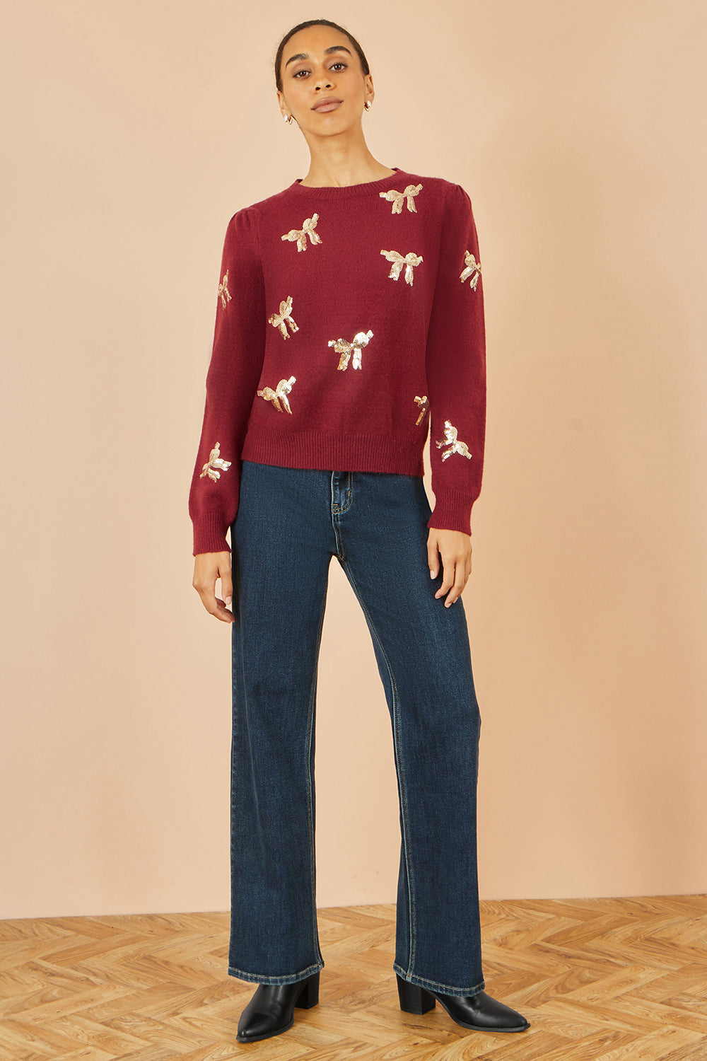 Yumi Burgundy Sequin All Over Applique Bow Knitted Jumper