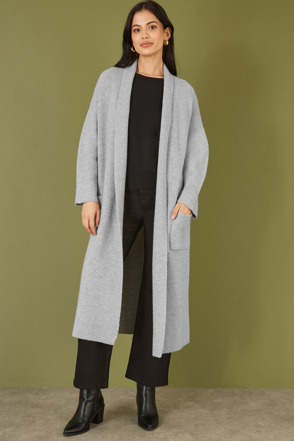 Yumi Grey Knitted Maxi Cardigan With Pockets - QHA UK