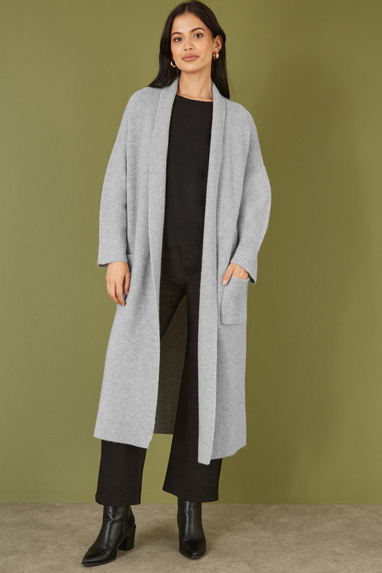 Yumi Grey Knitted Maxi Cardigan With Pockets - QHA UK