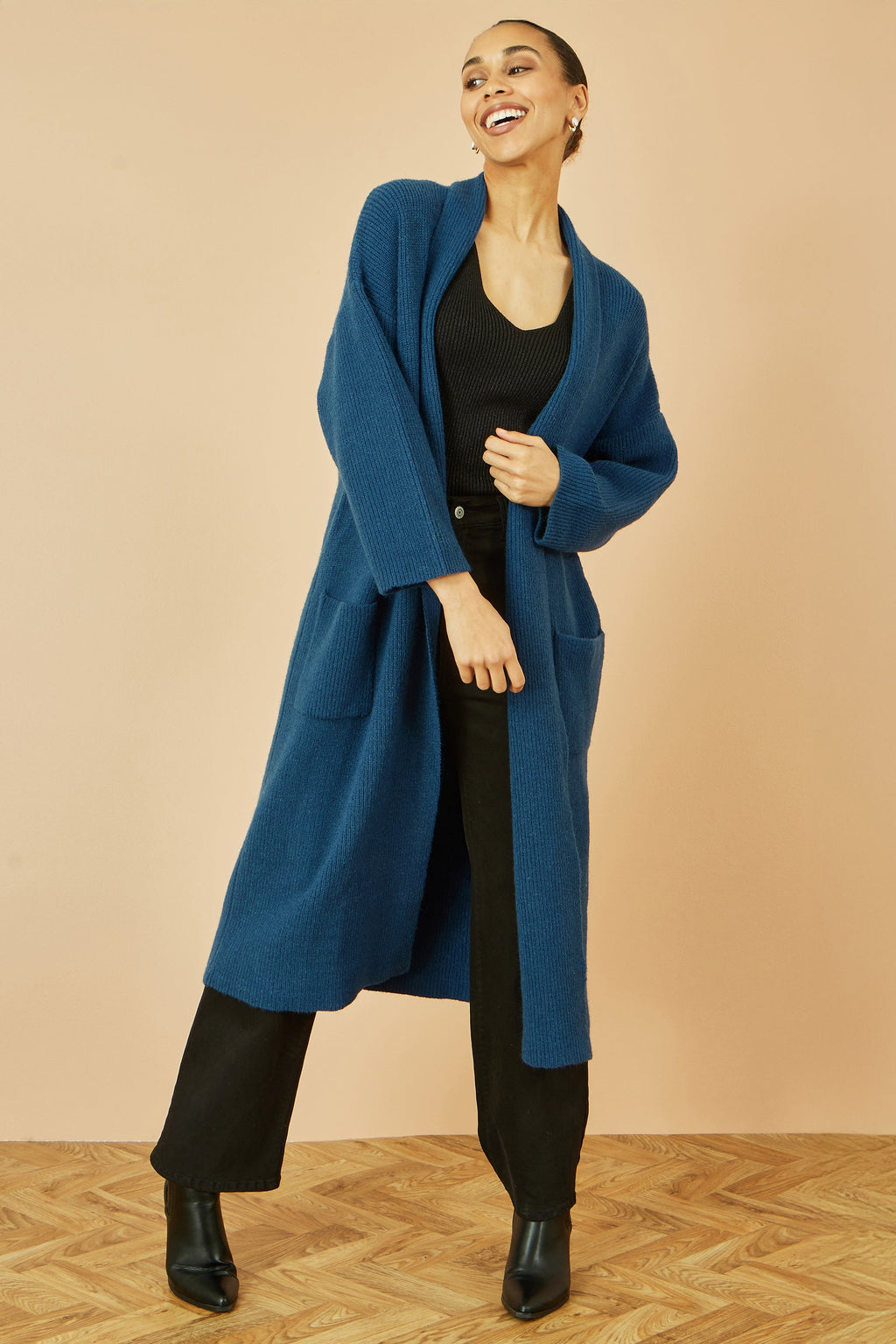 Yumi Teal Knitted Maxi Cardigan With Pockets