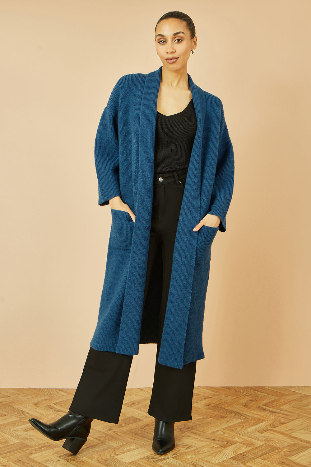 Yumi Teal Knitted Maxi Cardigan With Pockets - QHA UK