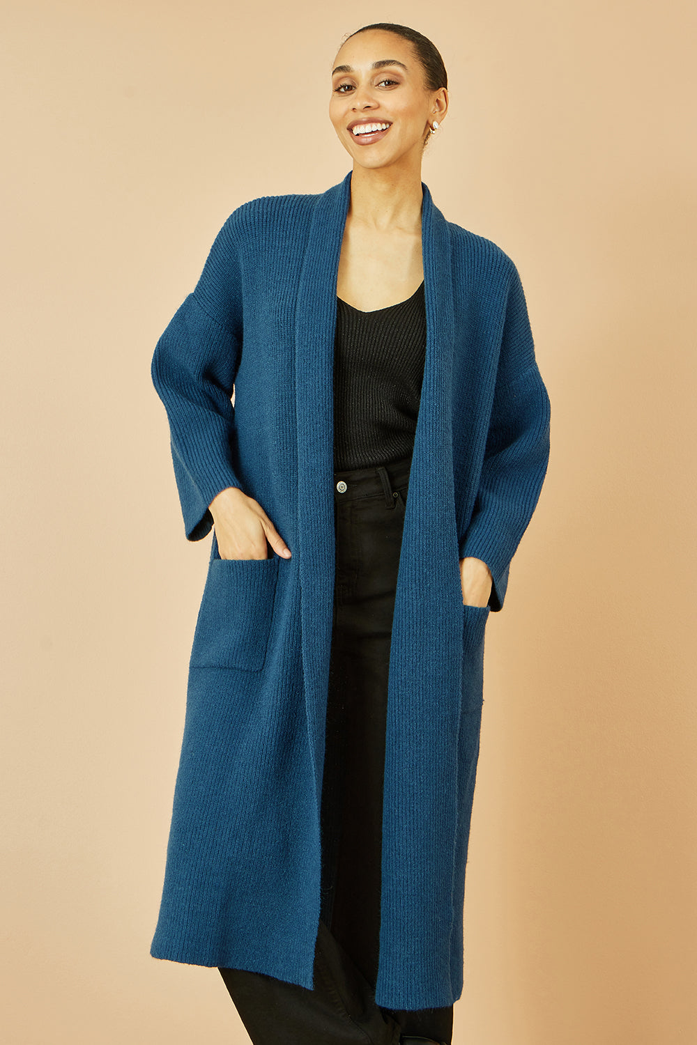 Yumi Teal Knitted Maxi Cardigan With Pockets - QHA UK