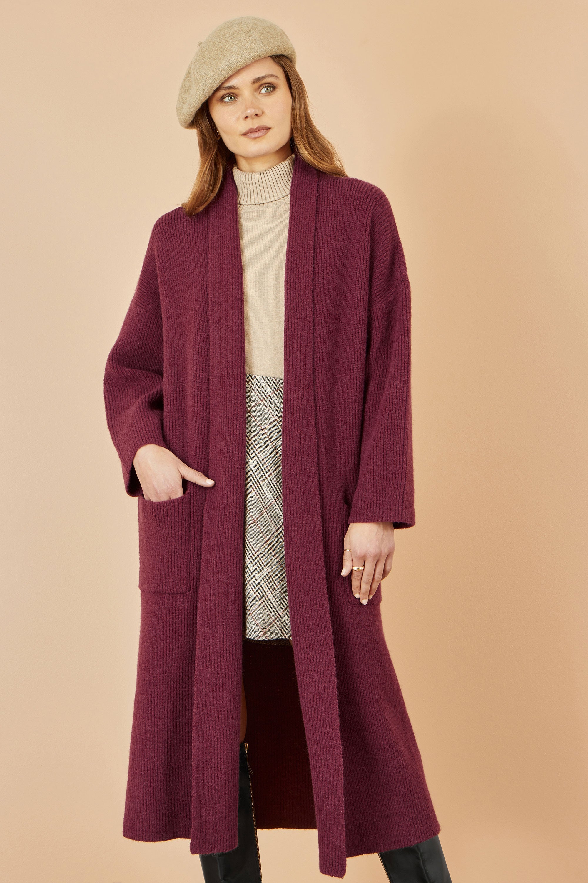 Yumi Burgundy Knitted Maxi Cardigan With Pockets