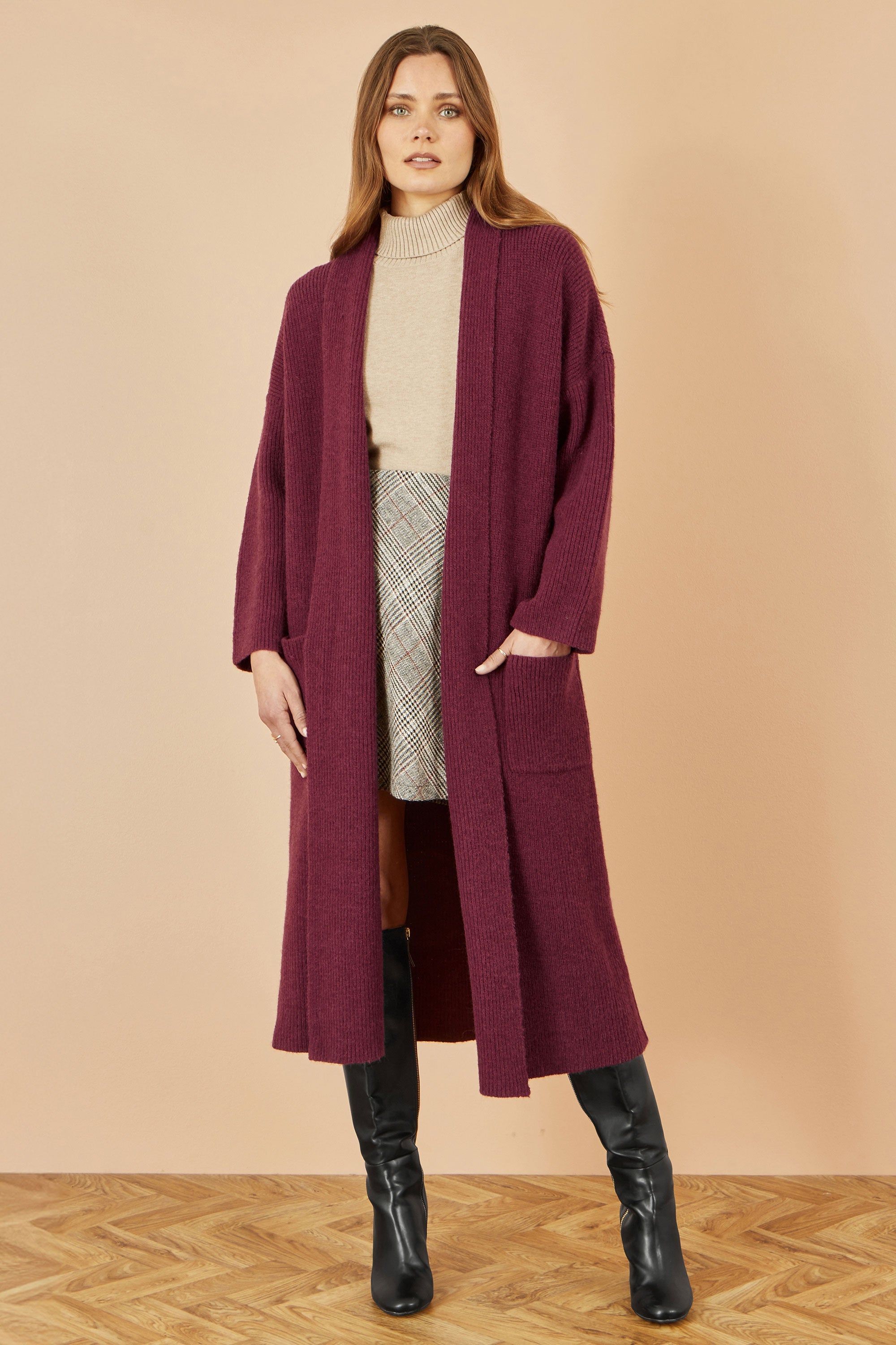 Yumi Burgundy Knitted Maxi Cardigan With Pockets