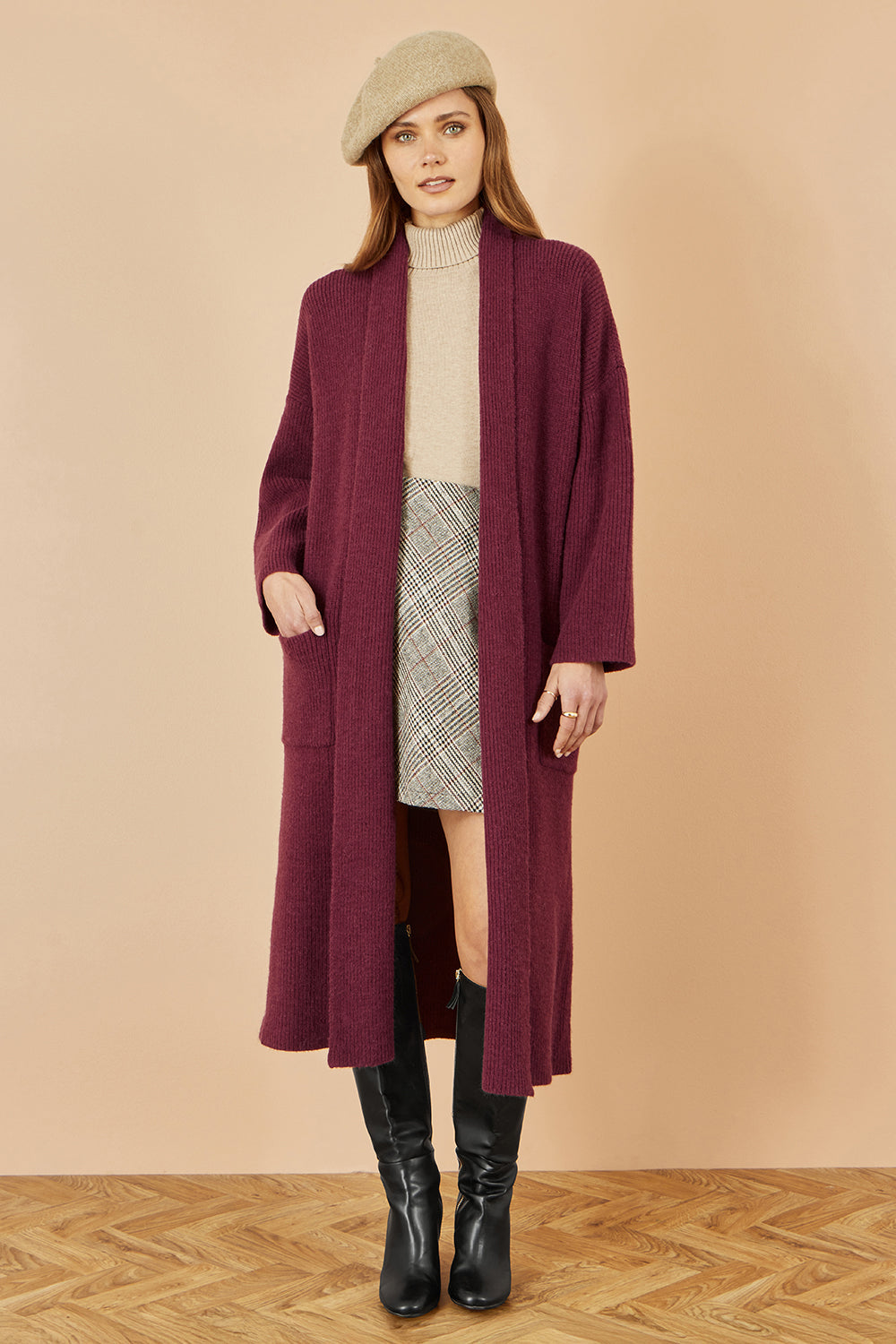 Yumi Burgundy Knitted Maxi Cardigan With Pockets - QHA UK