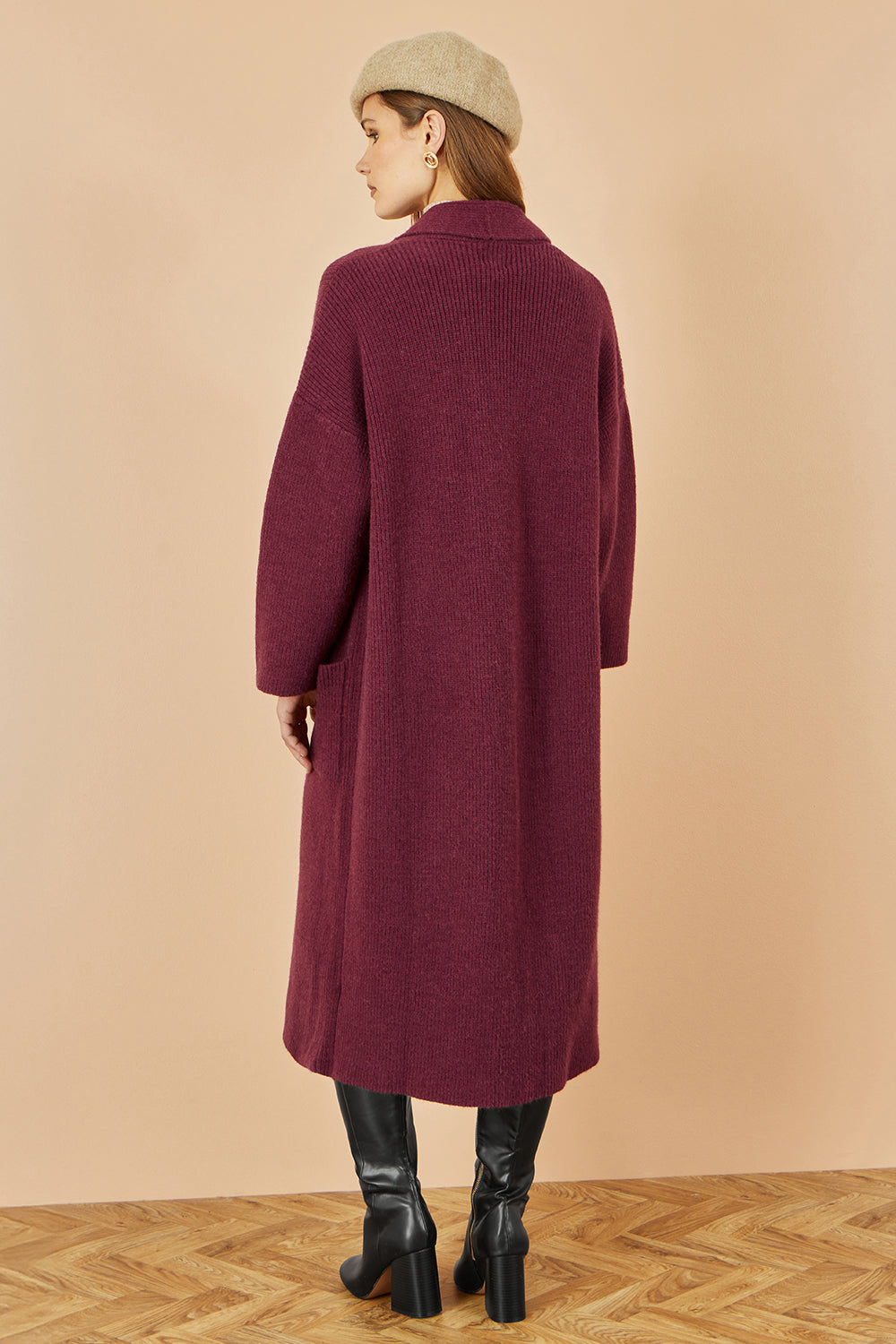Yumi Burgundy Knitted Maxi Cardigan With Pockets - QHA UK