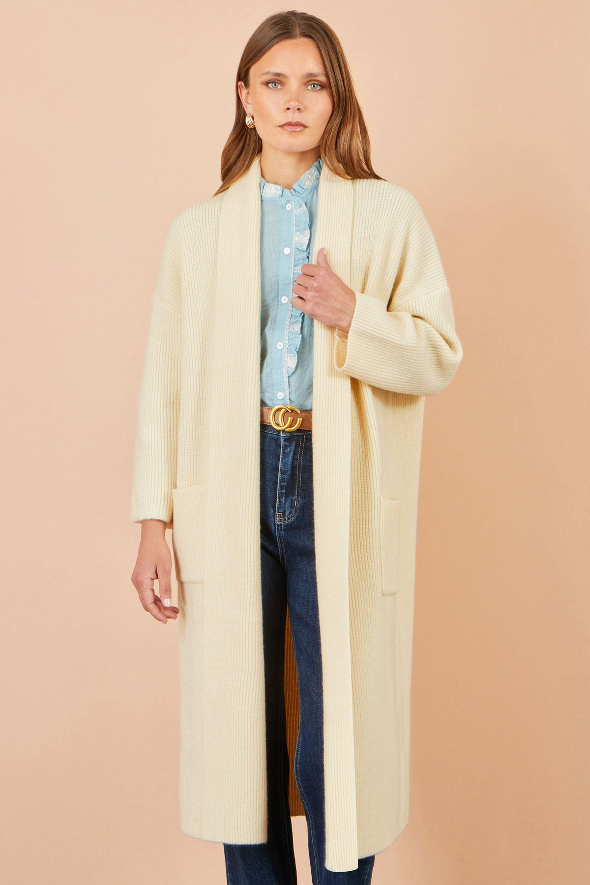 Yumi Women's Ivory Ribbed Knit Maxi Cardigan with Pockets and Drop Sleeves