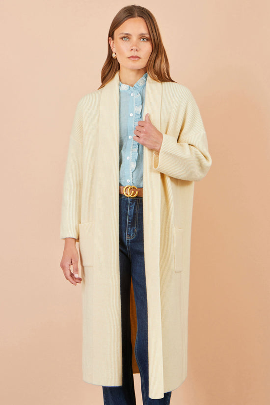 Yumi Women's Ivory Ribbed Knit Maxi Cardigan with Pockets and Drop Sleeves