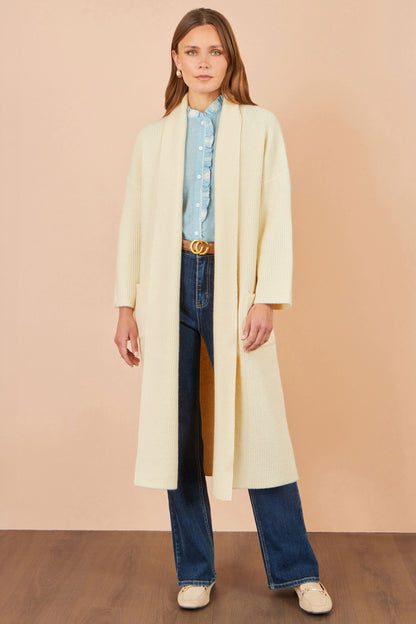 Yumi Women's Ivory Ribbed Knit Maxi Cardigan with Pockets and Drop Sleeves