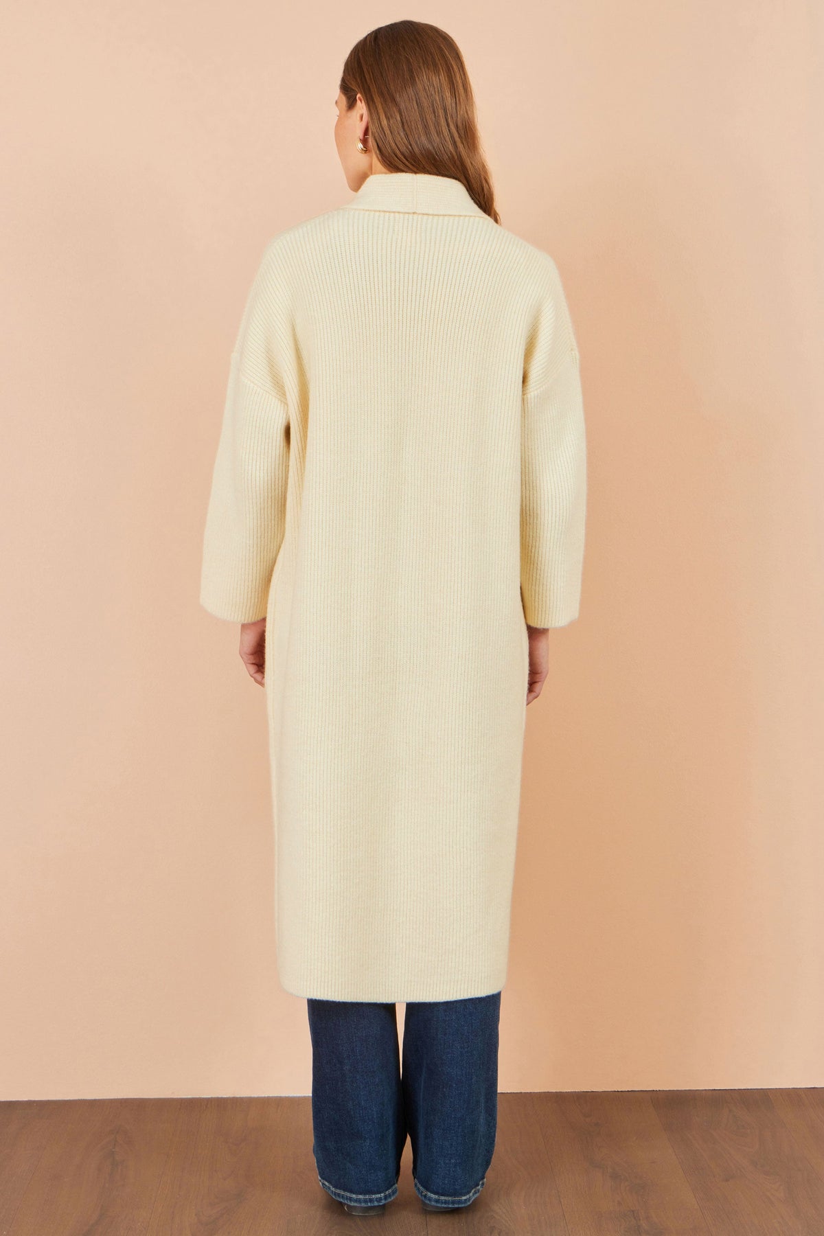Yumi Women's Ivory Ribbed Knit Maxi Cardigan with Pockets and Drop Sleeves