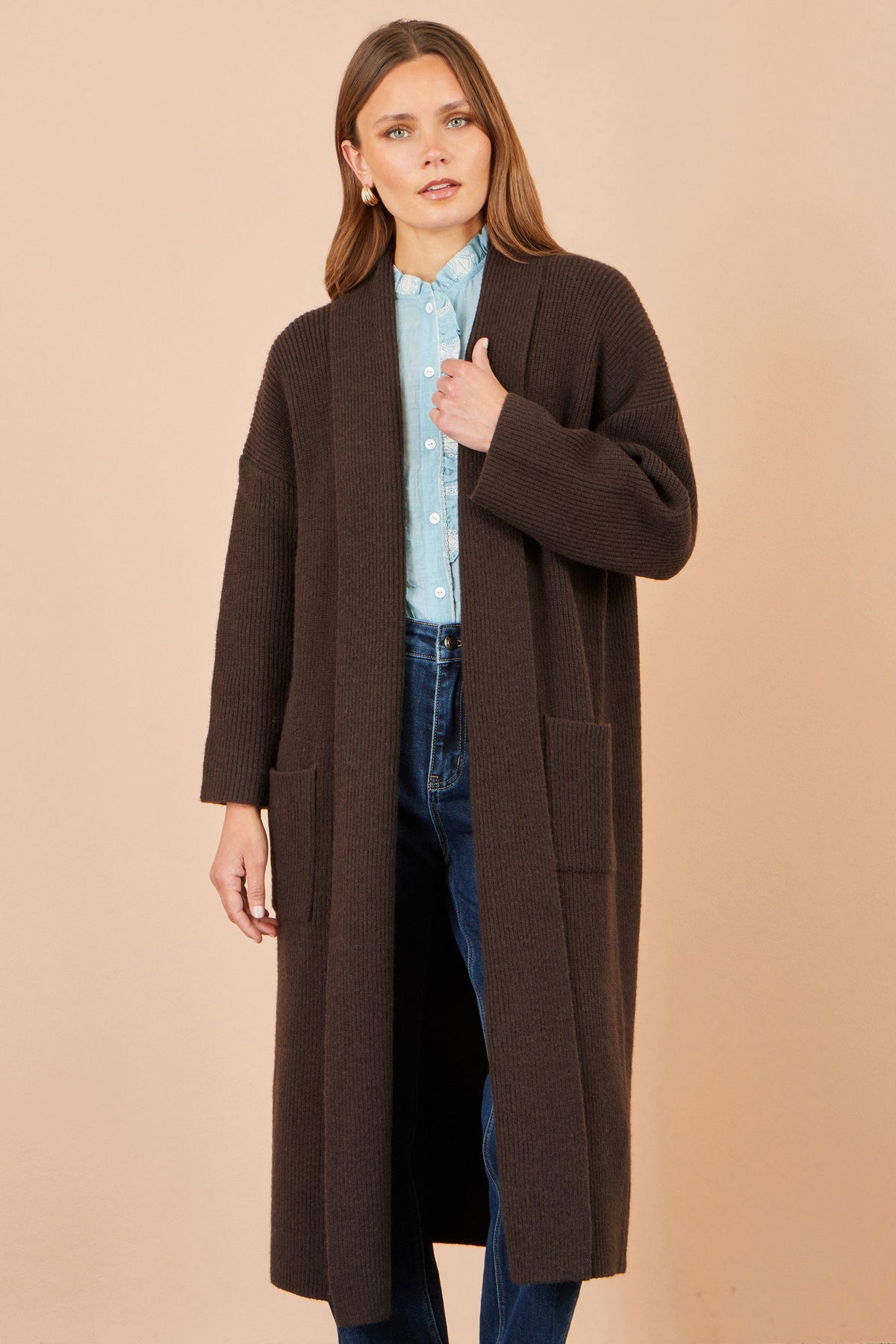 Yumi Brown Ribbed Knit Maxi Cardigan with Pockets