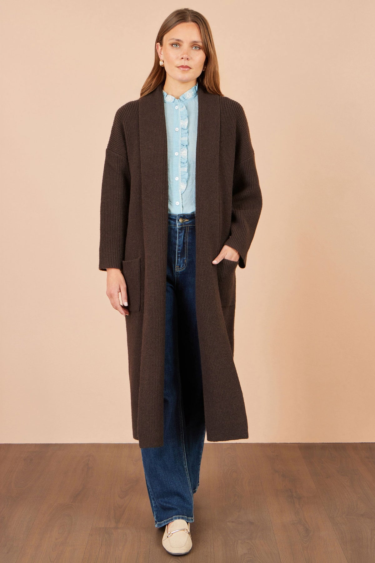 Yumi Brown Ribbed Knit Maxi Cardigan with Pockets