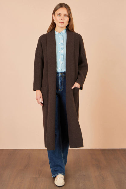 Yumi Brown Ribbed Knit Maxi Cardigan with Pockets