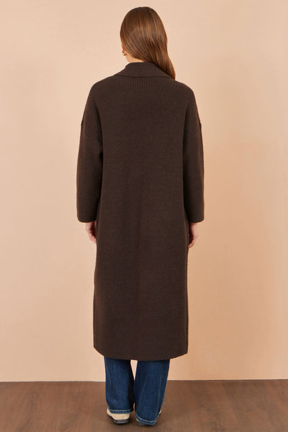 Yumi Brown Ribbed Knit Maxi Cardigan with Pockets