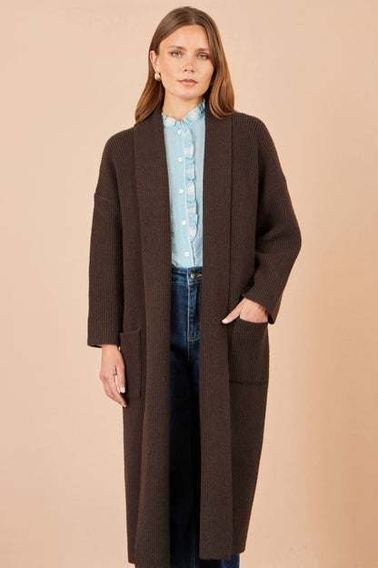 Yumi Brown Ribbed Knit Maxi Cardigan with Pockets
