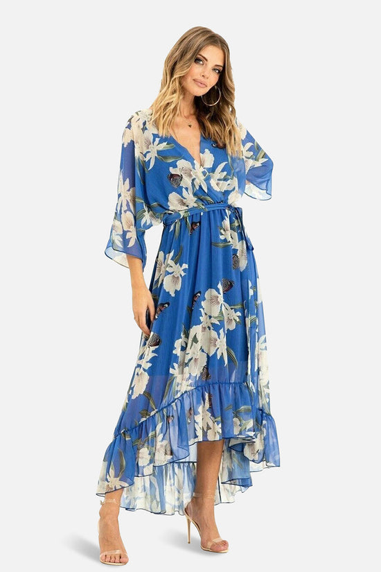 Yumi Womens Blue Floral Kimono Sleeves Dip Hem Wrap Midi Dress