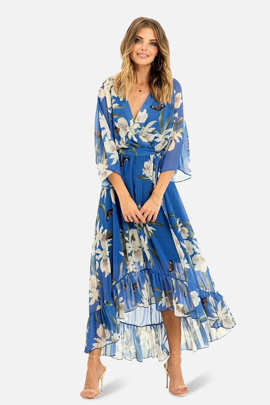 Yumi Womens Blue Floral Kimono Sleeves Dip Hem Wrap Midi Dress
