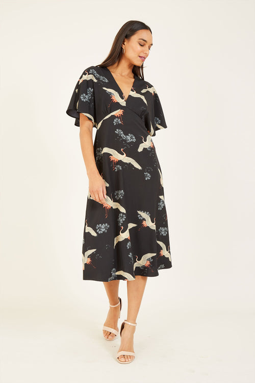 Black Crane Print Kimono Midi Dress - QHA UK